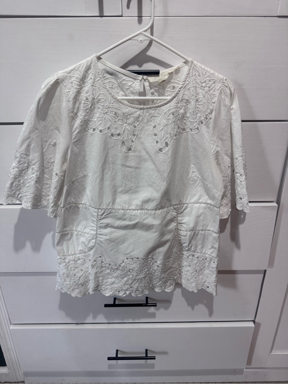 Anthropologie Women's White Embroidered Peasant Top